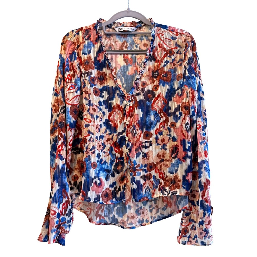 Zara Womens XS Blue Red Ikat Floral Metallic Stripe‎ Ruffle V-Neck Blouse